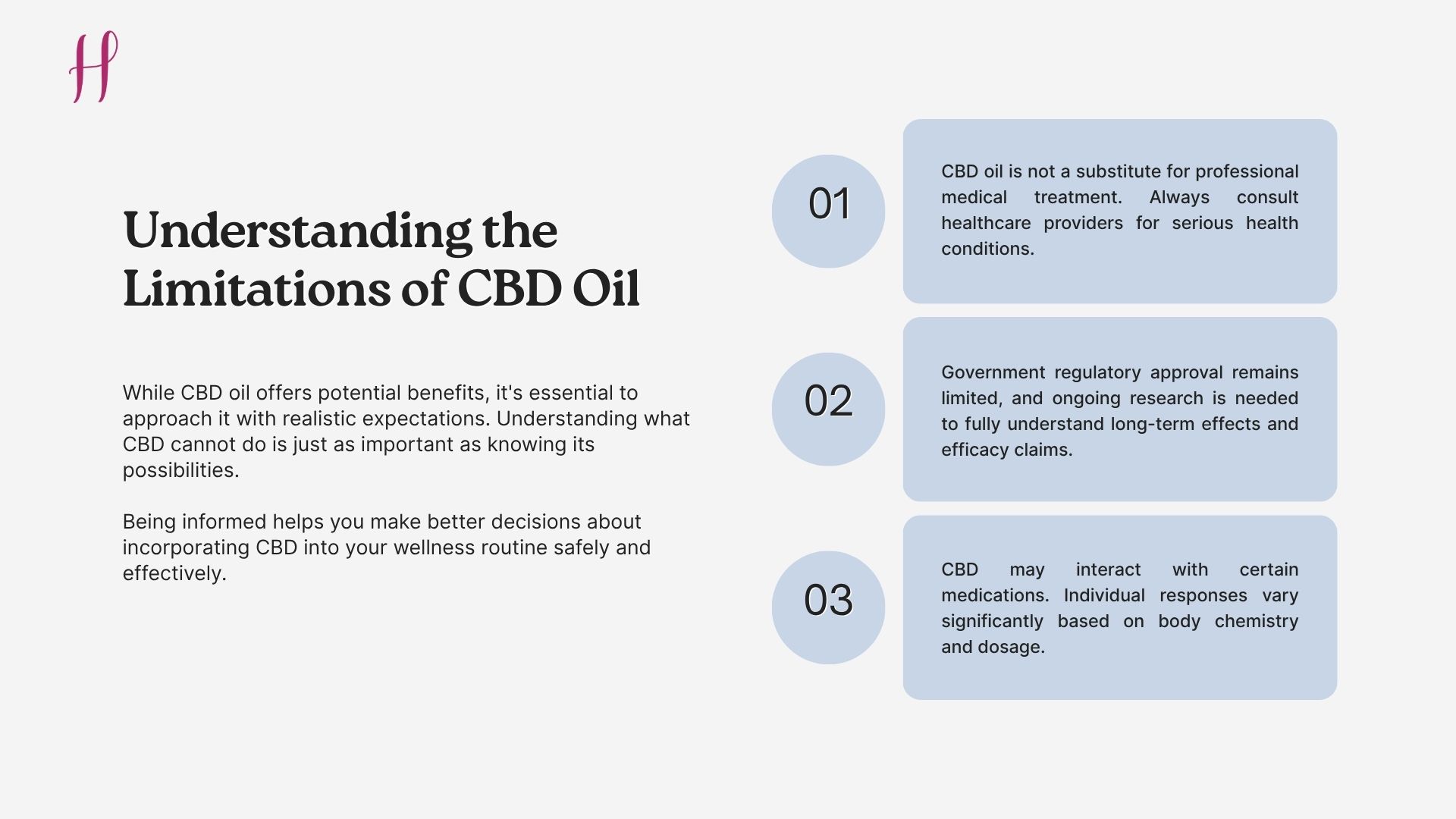 List of limitations: medical care, regulation, side effects.